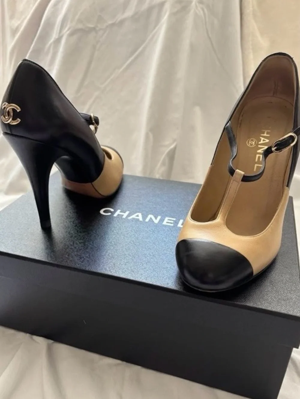 CHANEL Mary Jane Heels Beige/Black Size 37 with box